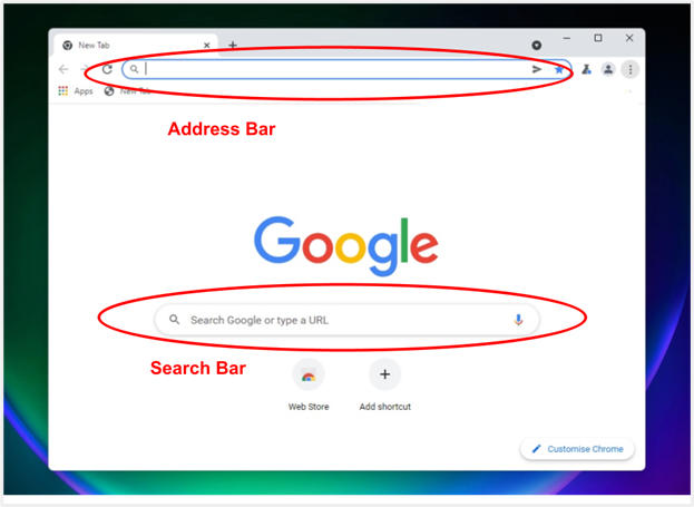 Google Chrome window with search bar and address bar annotated.