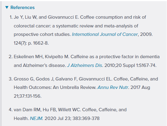 Sources list in Coffee article from The Nutrition Source