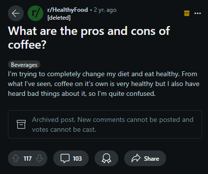 Reddit Post: What are the pros and cons of coffee?