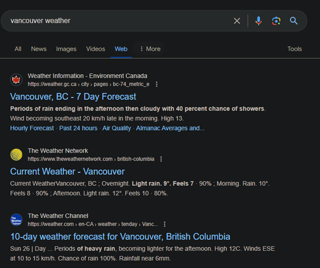 Google search for "Vancouver weather"