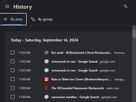 Screenshot of history in Google Chrome