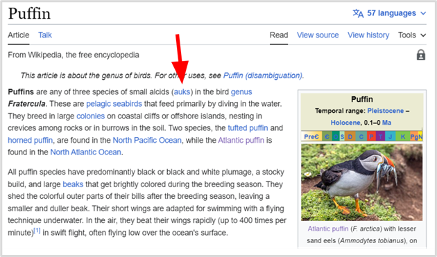 Wikipedia page on puffins.